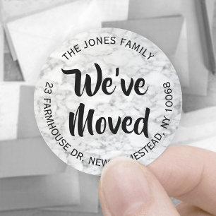 We've Moved Black White Grey Marble Return Address Classic Round Sticker