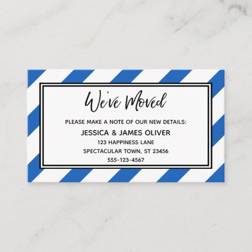 Weve Moved Blue and White Diagonal Stripes Business Card