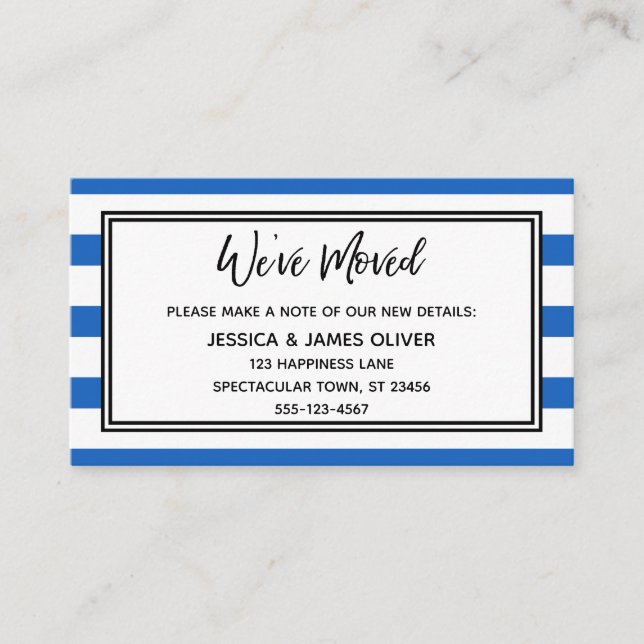 "We've Moved" Blue and White Horizontal Stripes Business Card (Front)