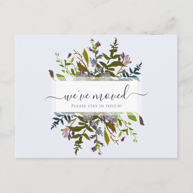 We've Moved Blue Botanical Script Announcement Postcard (Front)