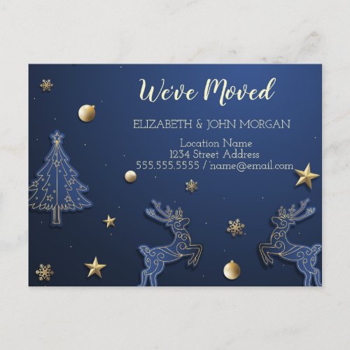 Weve Moved Blue Christmas treeReindeer Announcement Postcard