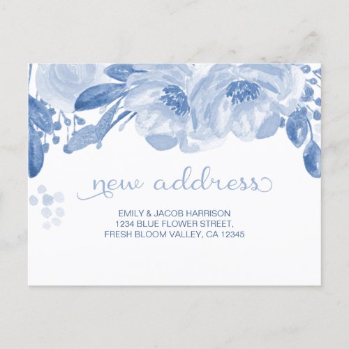 Weve Moved Blue Watercolor Floral New Address Announcement Postcard