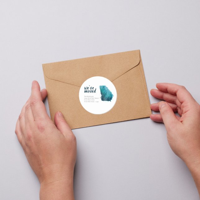 We've Moved Blue Watercolor Georgia Classic Round Sticker (Moving to Georgia State Announcement sticker)