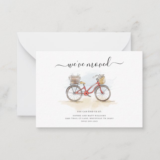 We've Moved Boho Chic Red Bicycle Moving Note Card (Front)
