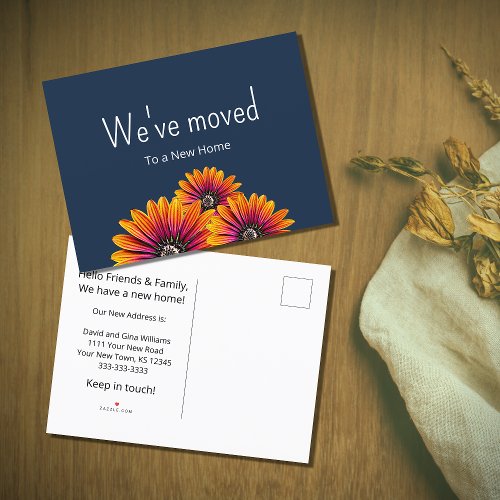 Weve Moved Boho Daisies Navy Blue Moving Announcement Postcard