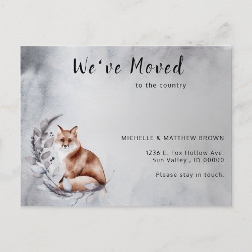 Weve Moved Brown Fox Gray Wreath Winter Moving  Announcement Postcard
