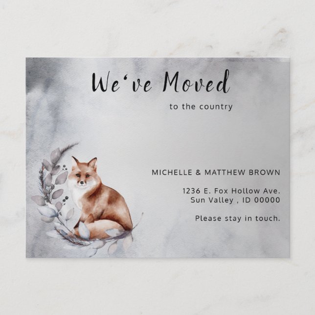 We've Moved Brown Fox Gray Wreath Winter Moving  Announcement Postcard (Front)
