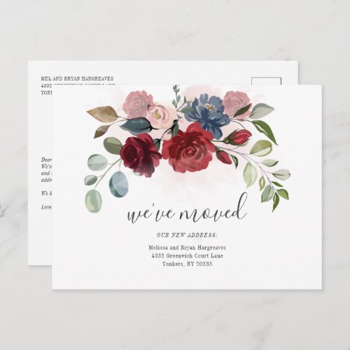 Weve Moved Burgundy Floral Moving Announcement Postcard