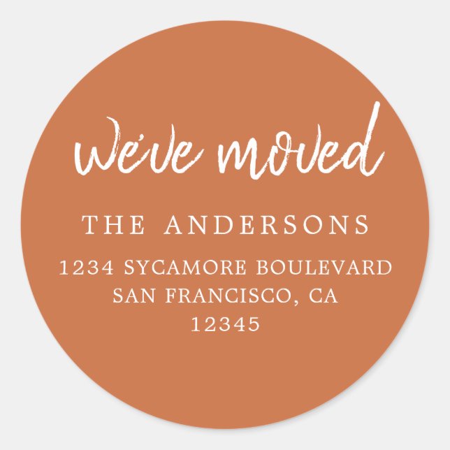 We've Moved Burnt Orange New Address label (Front)