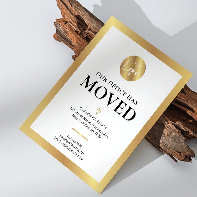 We've Moved Business Gold Logo Office New Address Postcard (modern white and gold logo address change announcement business postcard)