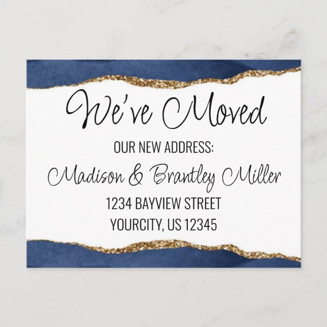 We've Moved Calligraphy Navy & Gold Glitter Announ Announcement Postcard (Front)