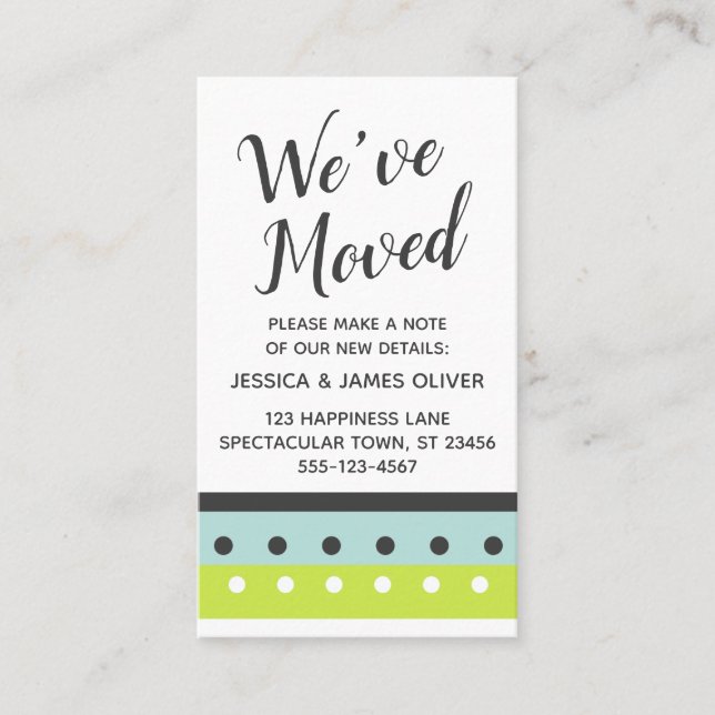 "We've Moved" Card in Lime, Blue and Dark Gray (Front)