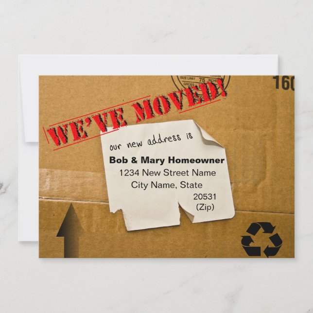 WE'VE MOVED - CARDBOARD BOX NOTICE ANNOUNCEMENT (Front)