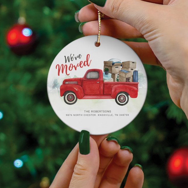 We've Moved Change of Address Moving Announcement Ceramic Ornament (Red Truck Christmas Holiday Family Moving Address Update)