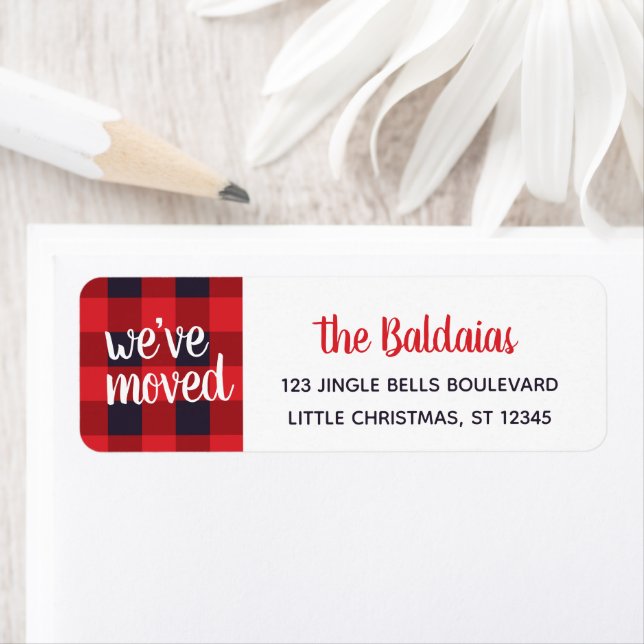 We've Moved Christmas Address Red Buffalo Plaid Label (Insitu)