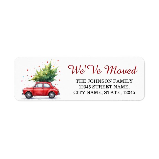 We've Moved Christmas Car Tree Holiday Moving Label (Front)