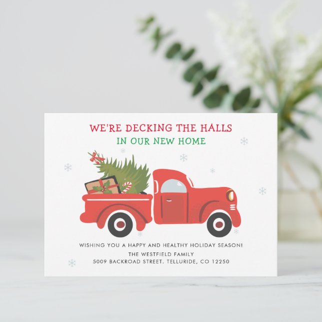 We've Moved Christmas Holiday Red Truck Moving Note Card (Standing Front)