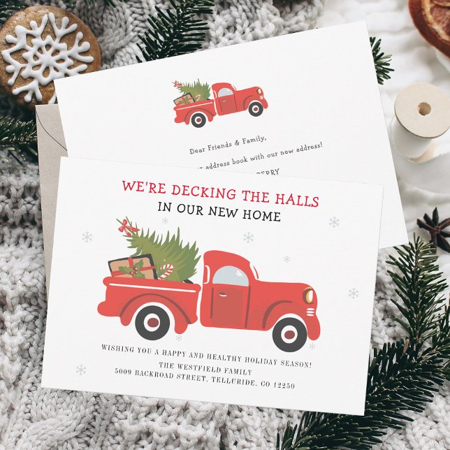 We've Moved Christmas Holidays Moving Announcement (Christmas Holidays Decking the Halls Red Truck Moving Announcement)