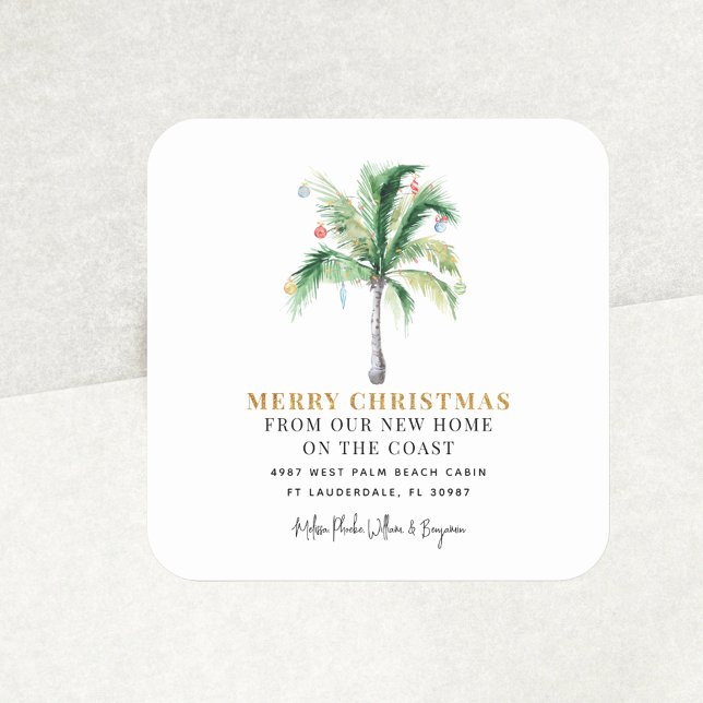 We've Moved Christmas Holidays Palm Tree Moving Square Sticker (Christmas Moving Announcement Coastal Square Sticker)