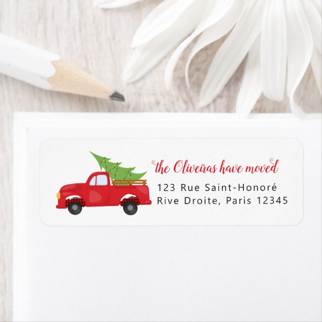 We've Moved Christmas Red Truck New Home Holiday Label (Insitu)