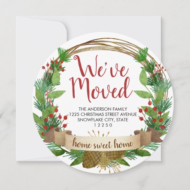 We've Moved Christmas Rustic Wreath Holiday Moving Announcement (Front)