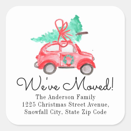 Weve Moved Christmas Tree Red Car Address Moving Square Sticker