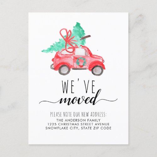 Weve Moved Christmas Tree Red Car Holiday Moving Announcement Postcard