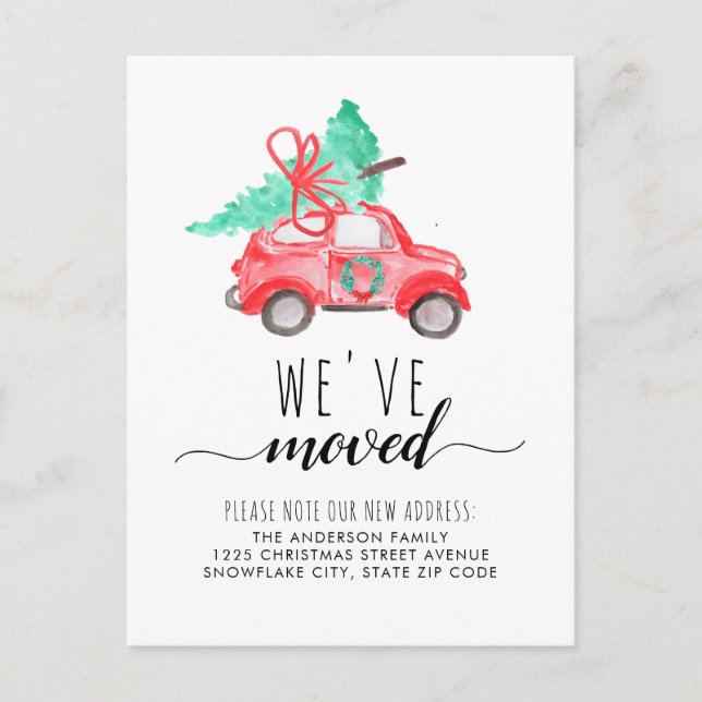 We've Moved Christmas Tree Red Car Holiday Moving Announcement Postcard (Front)