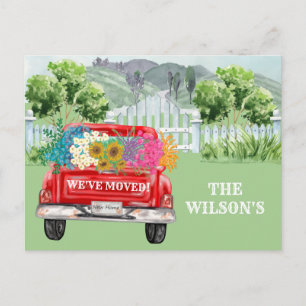 We've Moved Classic Charming Floral Red Truck Move Announcement Postcard