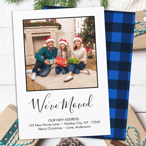 Weve Moved Custom Photo Blue Plaid Holiday Moving Announcement