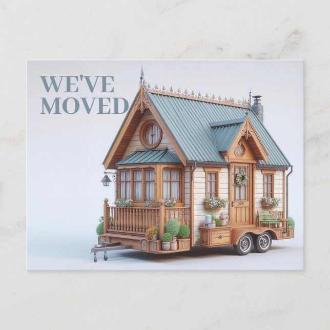 WE'VE MOVED, Cute House on Wheels  Invitation Postcard (Front)