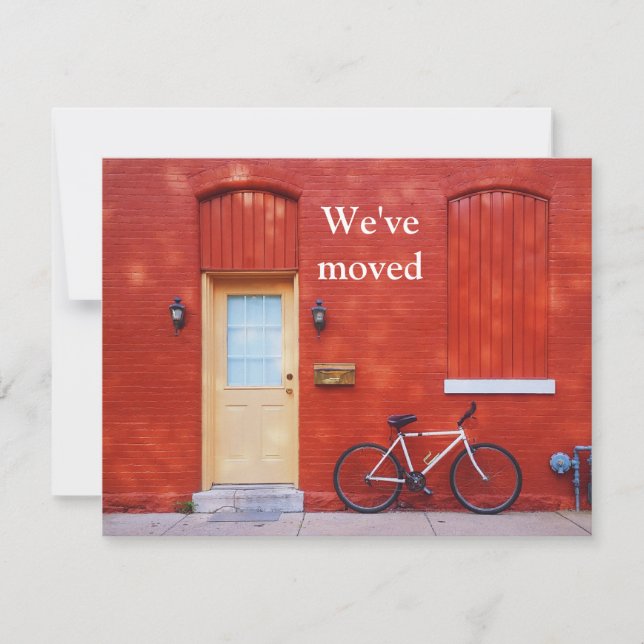 We've Moved Cute Modern Red House Bicycle Announcement (Front)