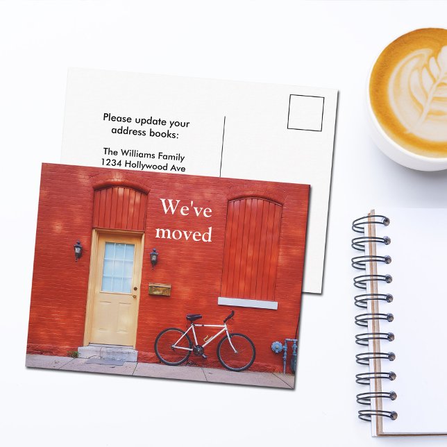 We've Moved Cute Modern Red House Bicycle Announcement Postcard (Creator Uploaded)