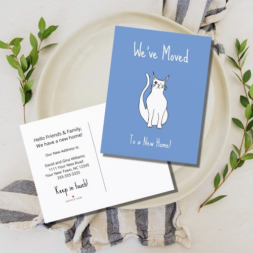 Weve Moved Cute Winking Cat Trendy Blue Announcement Postcard