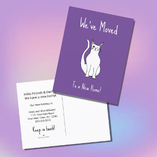 We've Moved Cute Winking Cat Trendy Purple Announcement Postcard