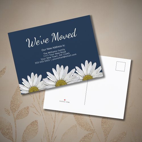 Weve Moved Daisies Boho Botanical Navy Blue  Announcement Postcard