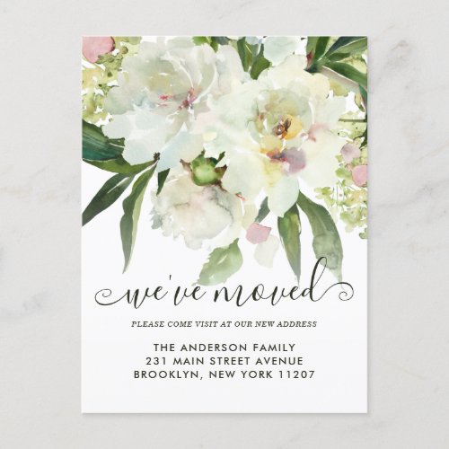 Weve Moved Elegant Floral Botanical Peony Moving Announcement Postcard