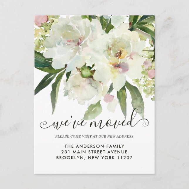 We've Moved Elegant Floral Botanical Peony Moving Announcement Postcard (Front)