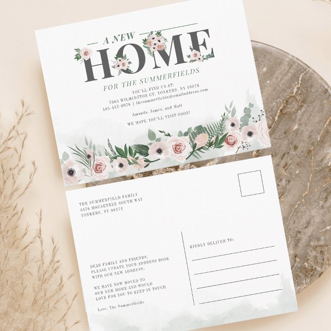 We've Moved Elegant Moving Announcement Postcard (Botanical Pink Floral and Greenery Moving Announcement Postcard)