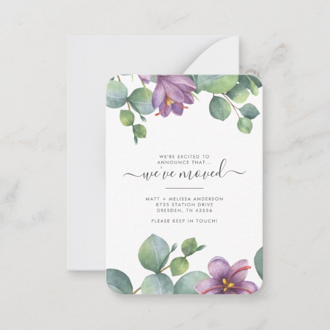 We've Moved Eucalyptus Green Purple Foliage Moving Note Card (Front)