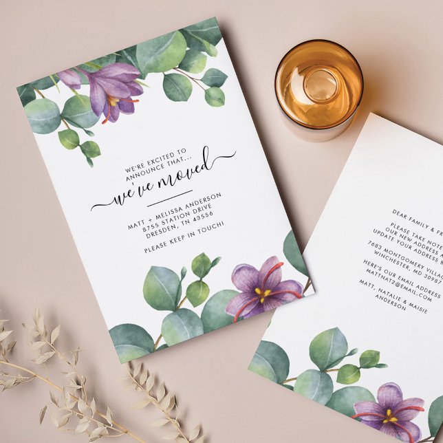 We've Moved Eucalyptus Purple Green Foliage Moving Note Card (Purple Greenery Script Moving Announcement)