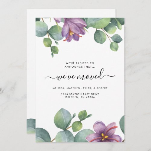 Weve Moved Eucalyptus Purple Greenery Moving Note Card