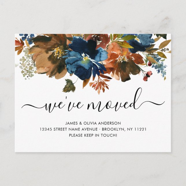 We've Moved Fall Navy Blue Brown Floral Moving Announcement Postcard (Front)