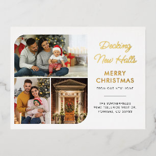We've Moved Family Christmas Photos Moving Gold Foil Holiday Postcard