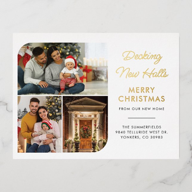 We've Moved Family Christmas Photos Moving Gold Foil Holiday Postcard (Front)
