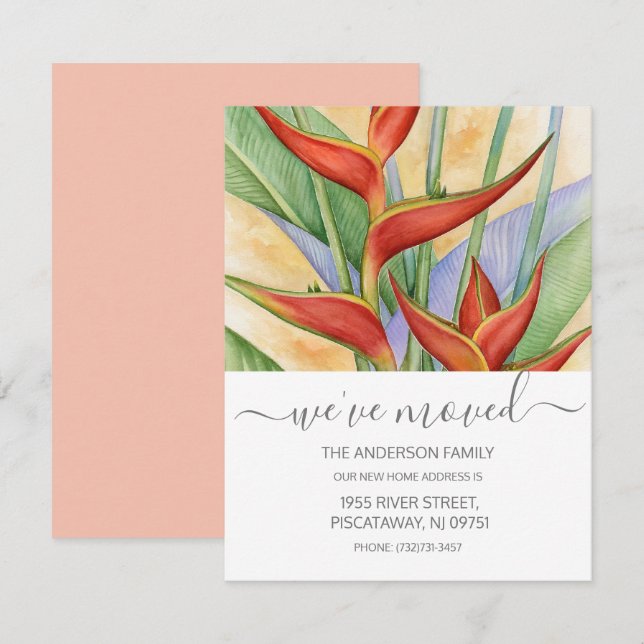 We've Moved Floral Heliconia Rose Gold Script Text Announcement (Front/Back)