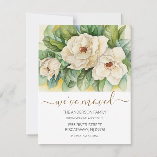 Weve Moved Floral Magnolia Gold Script Moving Announcement