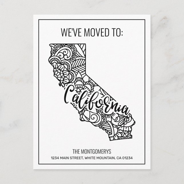 We've Moved Floral Mandala California State Announcement Postcard (Front)