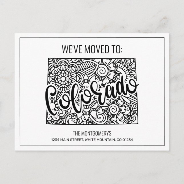 We've Moved Floral Mandala Colorado State Announcement Postcard (Front)