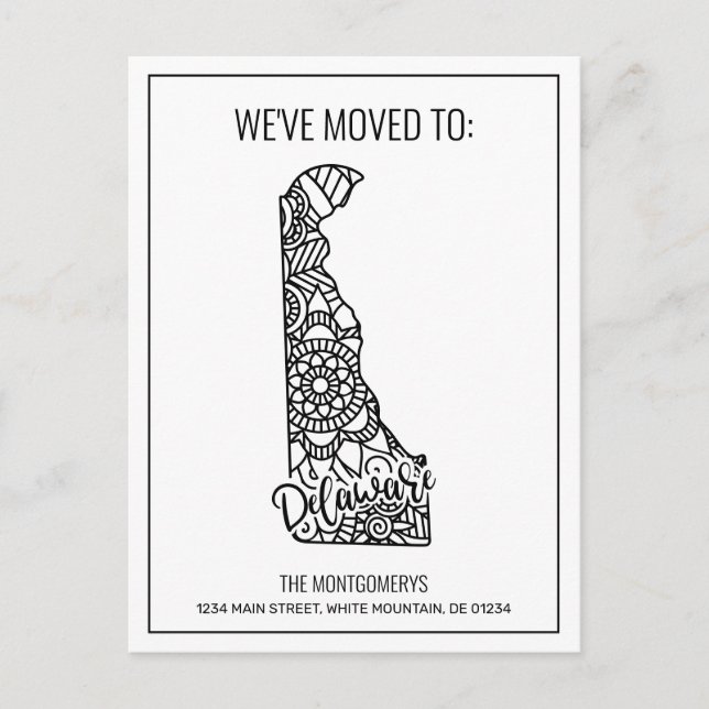 We've Moved Floral Mandala Deleware State Announcement Postcard (Front)